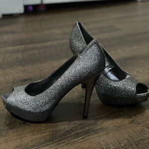 Elegant Silver Glitter Peep-Toe Heels